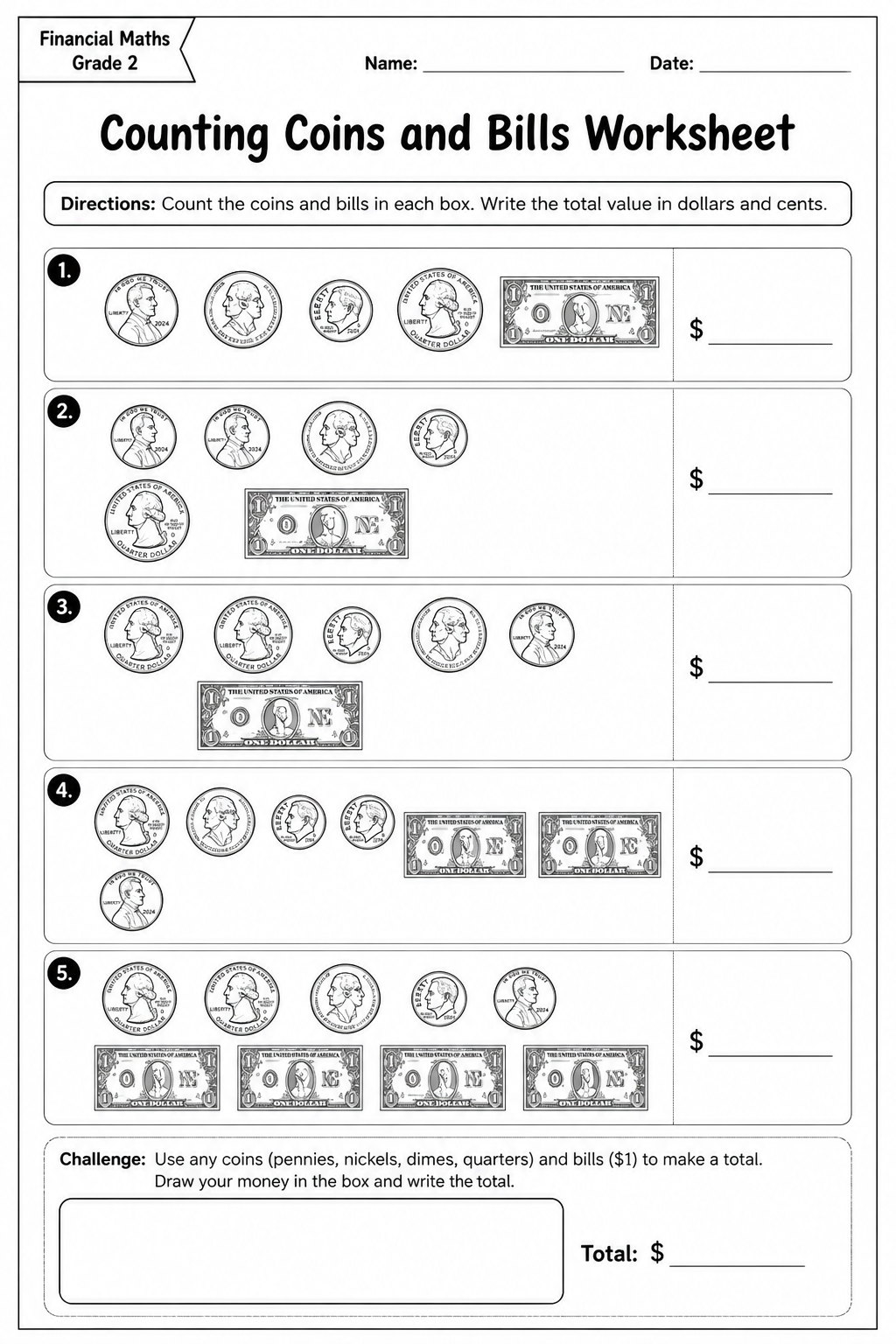 Counting Coins and Bills Worksheet