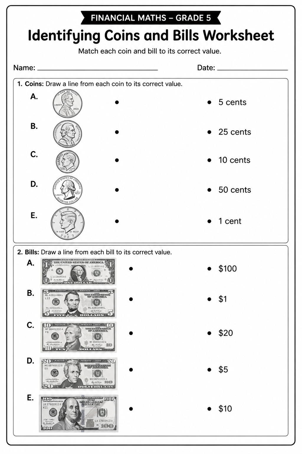 Identifying Coins and Bills Worksheet