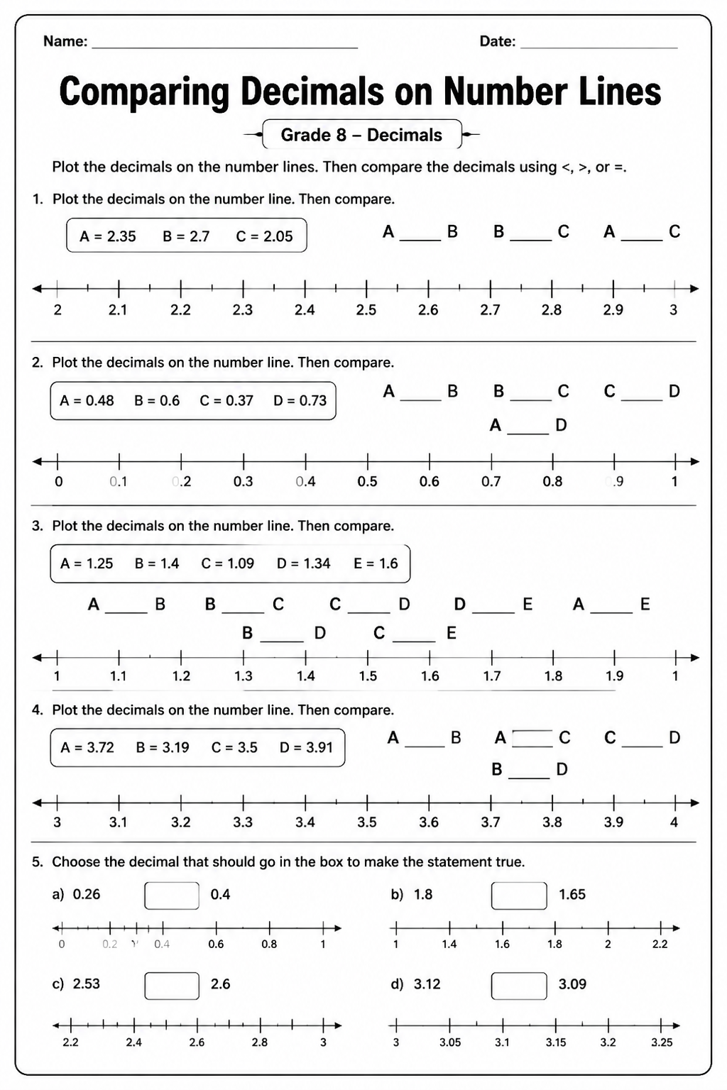 Comparing Decimals on Number Lines
