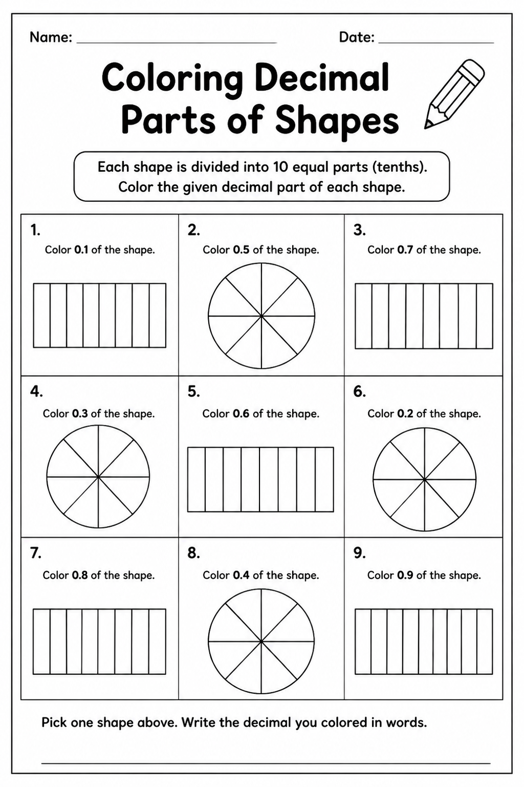 Coloring Decimal Parts of Shapes