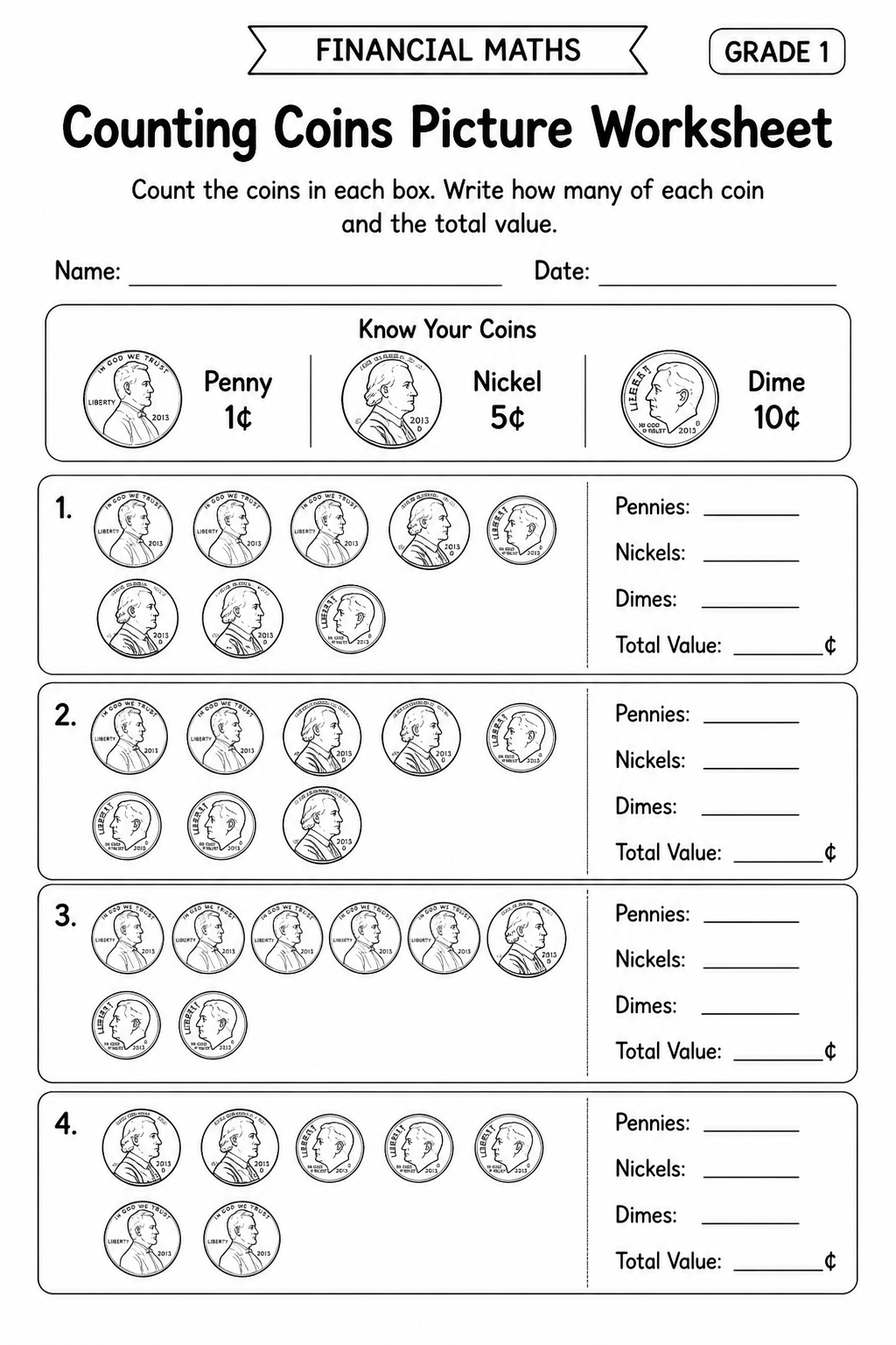 Counting Coins Picture Worksheet