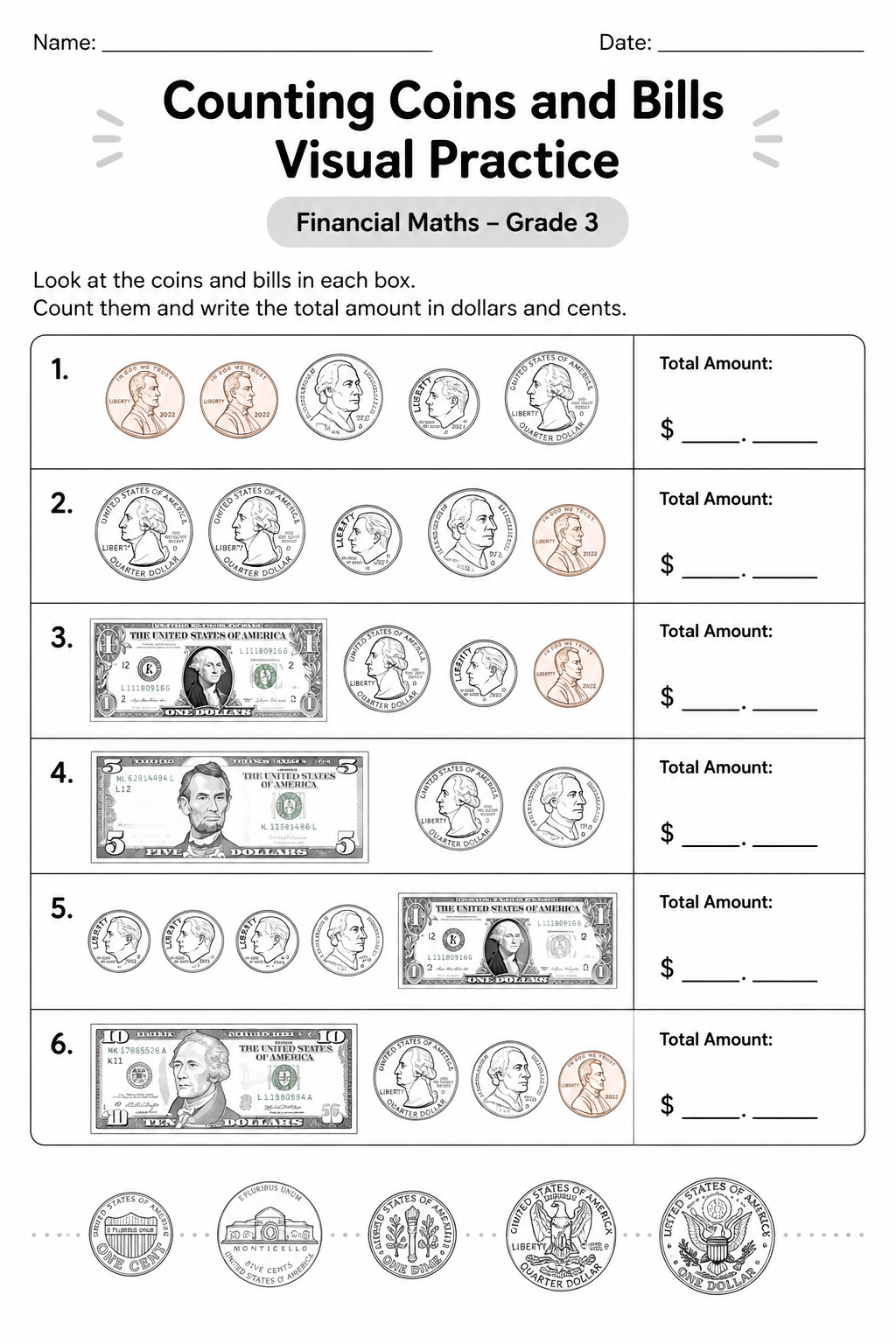 Counting Coins and Bills Visual Practice