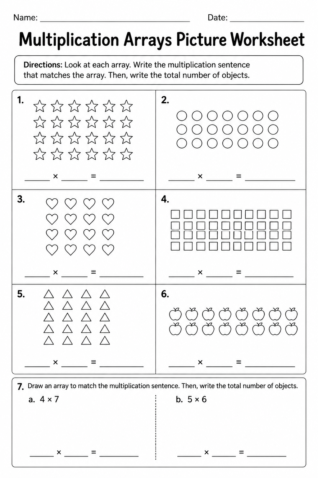 Multiplication Arrays Picture Worksheet