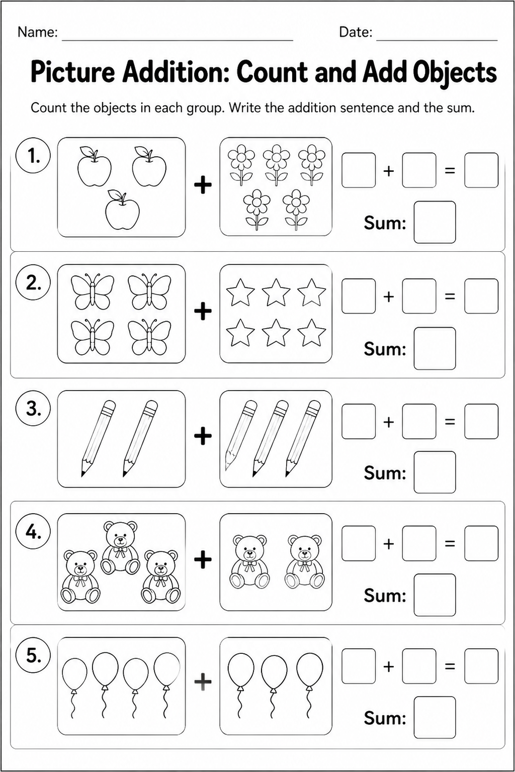 Picture Addition: Count and Add Objects