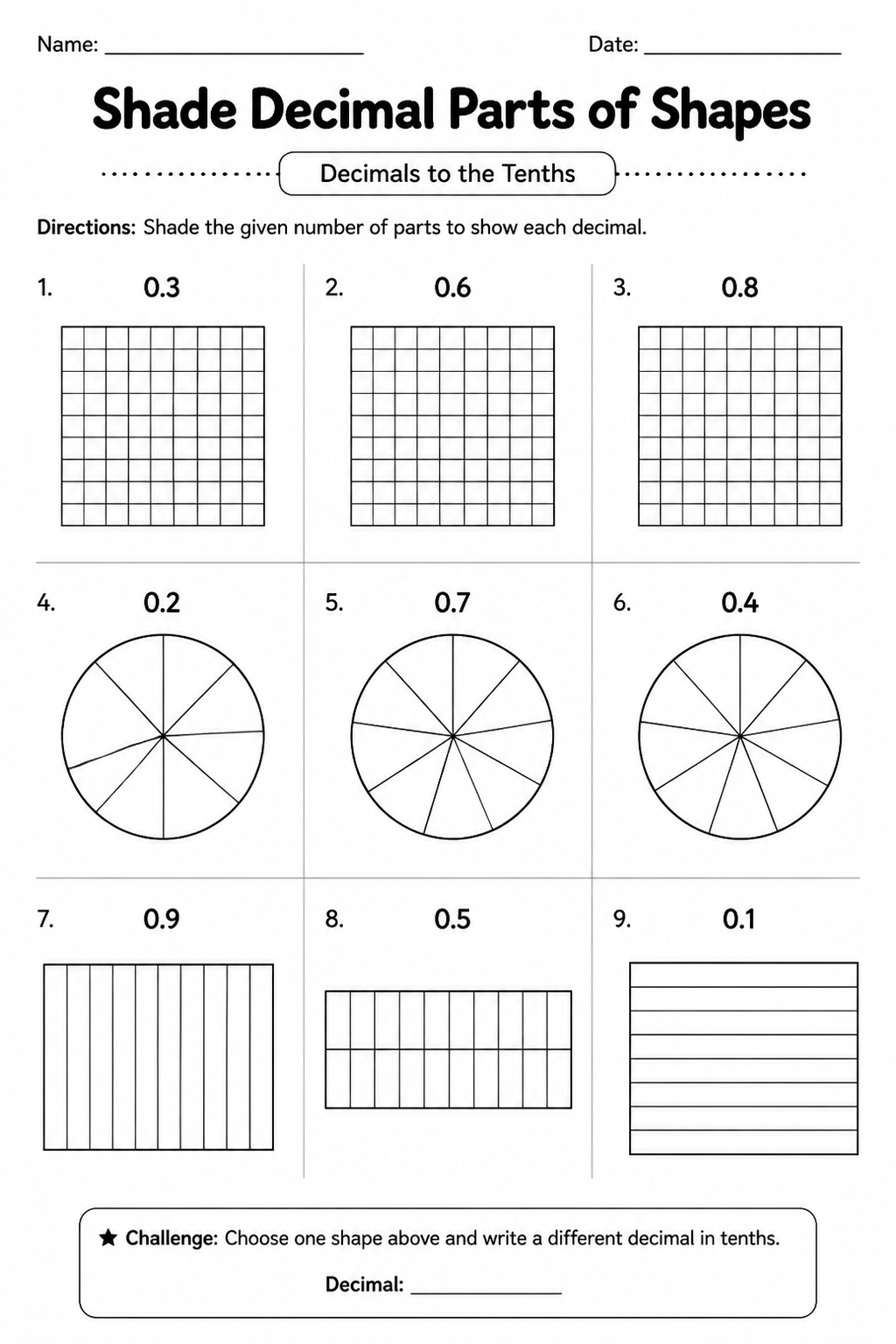 Shade Decimal Parts of Shapes