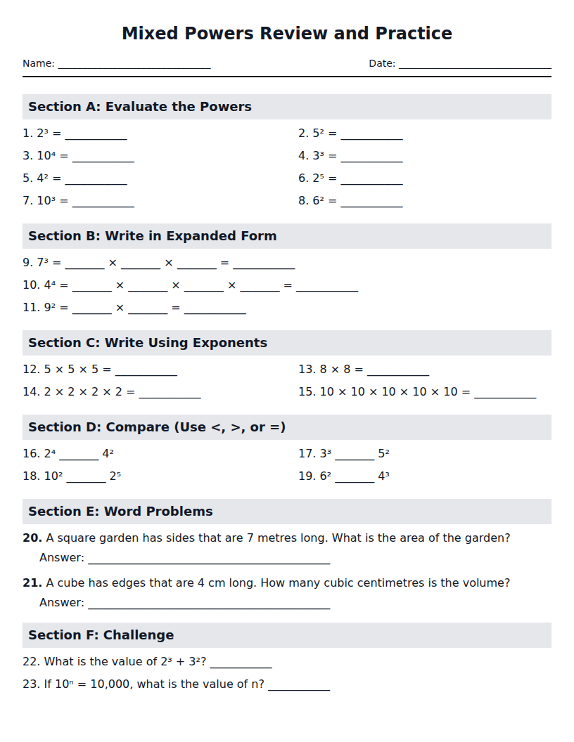 Free 4th Grade Powers and Exponents Worksheets | TeacherGPT