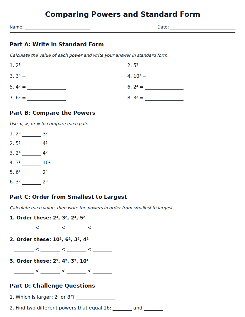 Free 4th Grade Powers and Exponents Worksheets | TeacherGPT